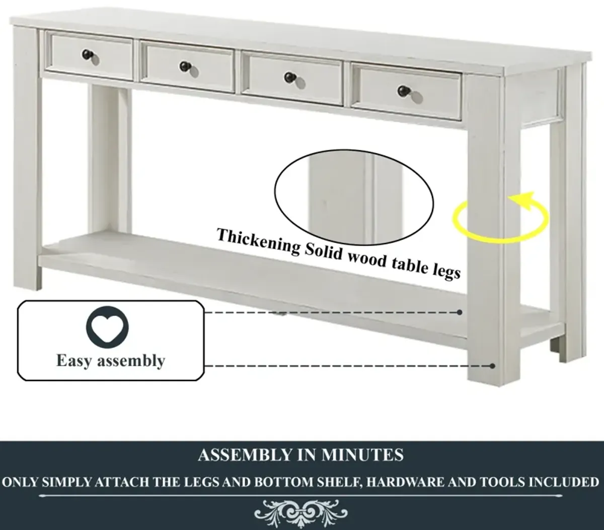 63" Pine Wood Console Table With 4 Drawers And 1 Bottom Shelf For Entryway Hallway