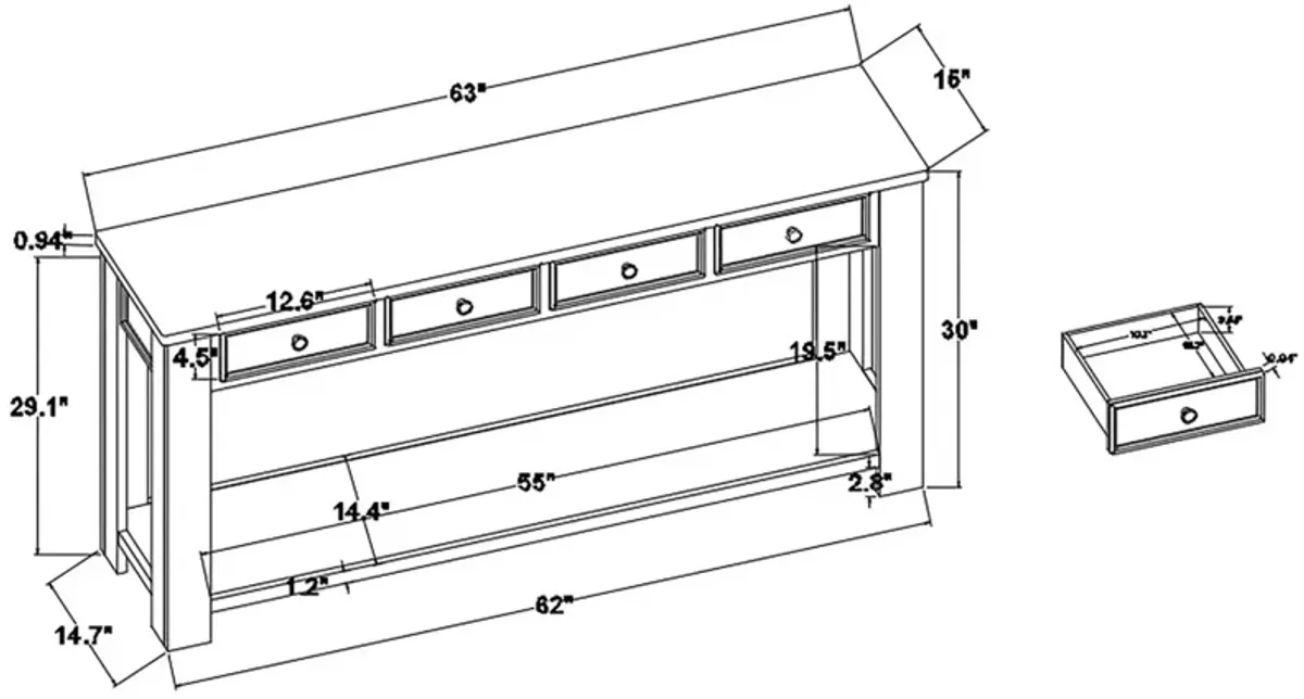 63" Pine Wood Console Table With 4 Drawers And 1 Bottom Shelf For Entryway Hallway