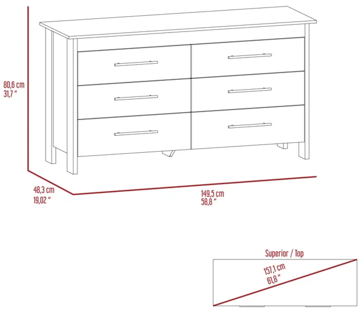 Hms 6 Drawer Double Dresser, Four Legs, Superior Top -White