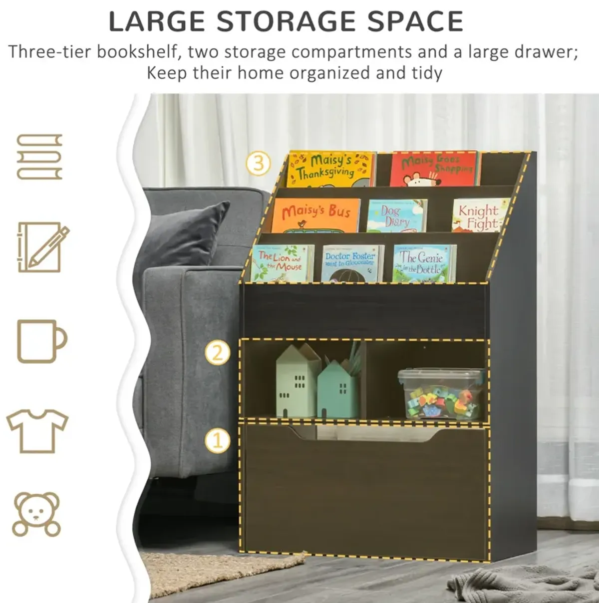 Brown Children's Storage: Multi-Shelf Bookcase with Mobile Drawer