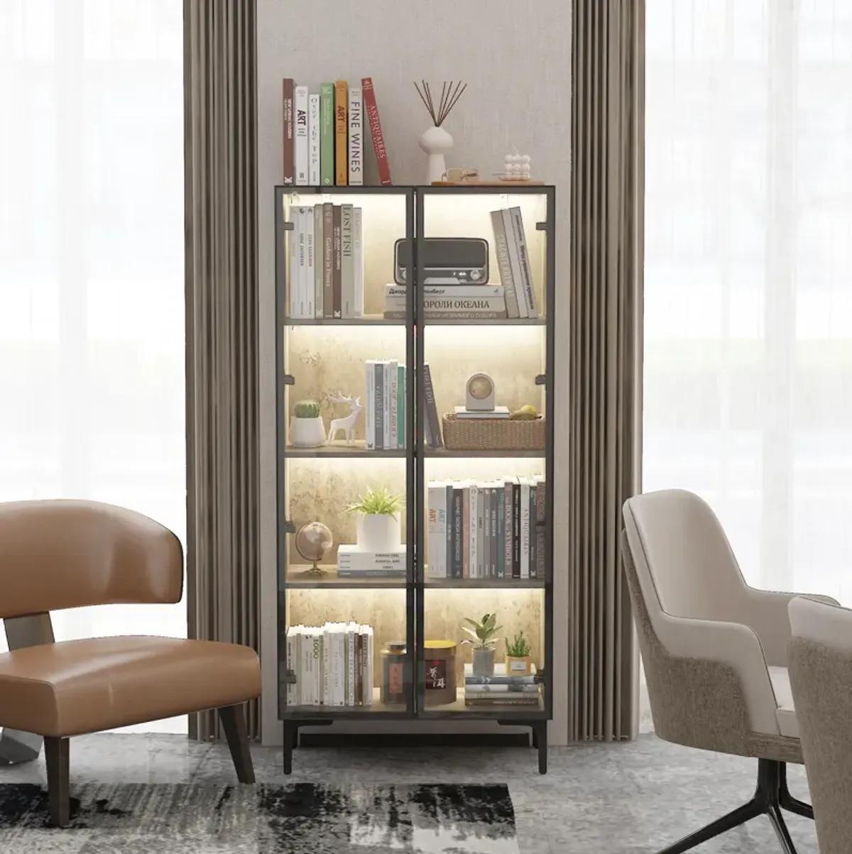 FUFU&GAGA Grey Mdf 4-Shelf Bookcase with Doors (27.6-in W x 59.3-in H x 13.8-in D),Grey