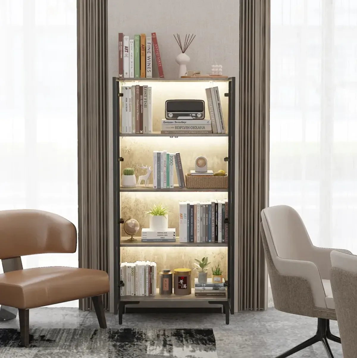 FUFU&GAGA Grey Mdf 4-Shelf Bookcase with Doors (27.6-in W x 59.3-in H x 13.8-in D),Grey