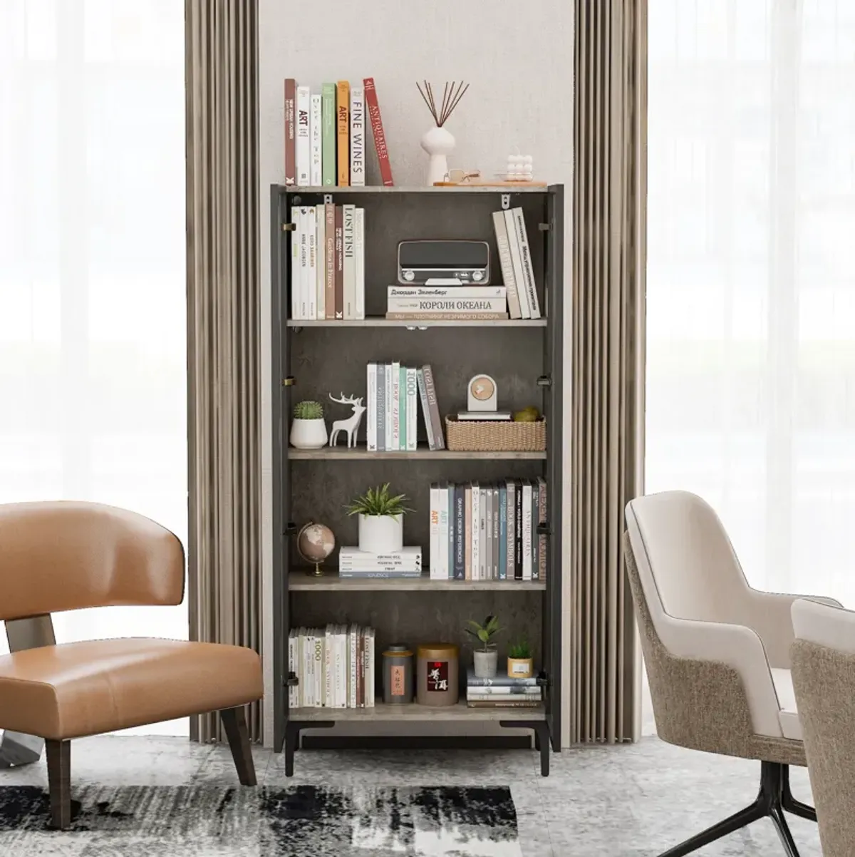 FUFU&GAGA Grey Mdf 4-Shelf Bookcase with Doors (27.6-in W x 59.3-in H x 13.8-in D),Grey