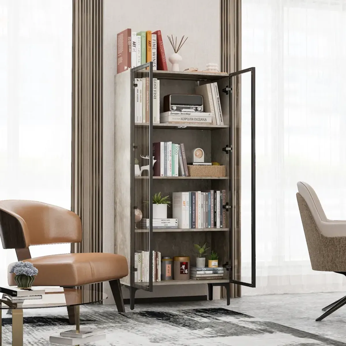 FUFU&GAGA Grey Mdf 4-Shelf Bookcase with Doors (27.6-in W x 59.3-in H x 13.8-in D),Grey