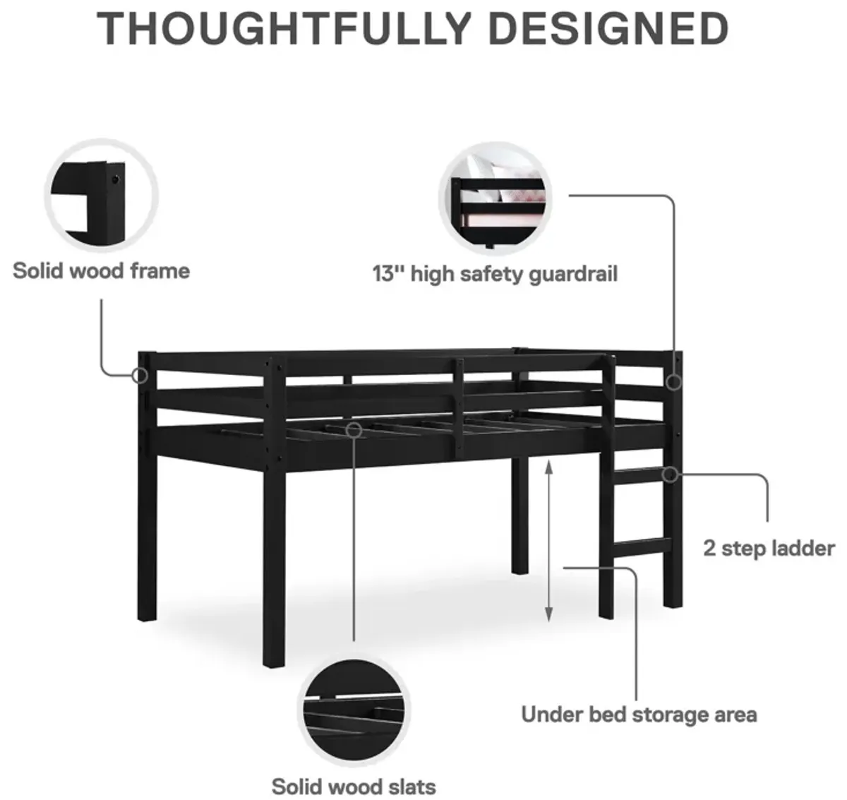 Atwater Living Ashe Junior Wooden Loft Bed, Twin, Black