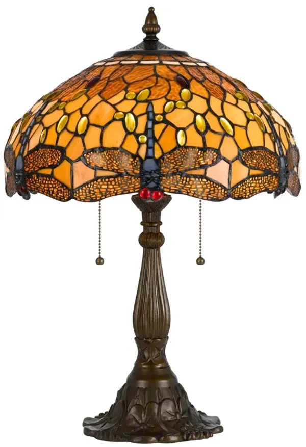 2 Bulb Tiffany Table Lamp with Dragonfly Design Shade, Multicolor - Benzara
