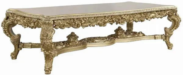 Rexx Dining Table, Classic Carved Gold Wood, 111 Inch Rectangular Top - Benzara