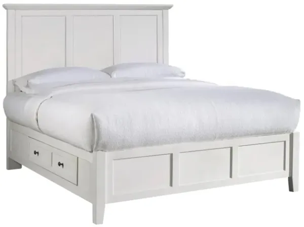 Neo California King Bed, Panel Design Farmhouse Wood Frame, Slats, White - Benzara