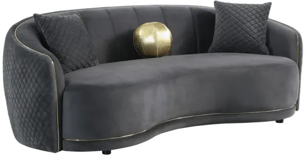 Buo Curved Sofa, 92 Inch, Dark Gray Polyester, Gold Trim, 3 Pillows - Benzara
