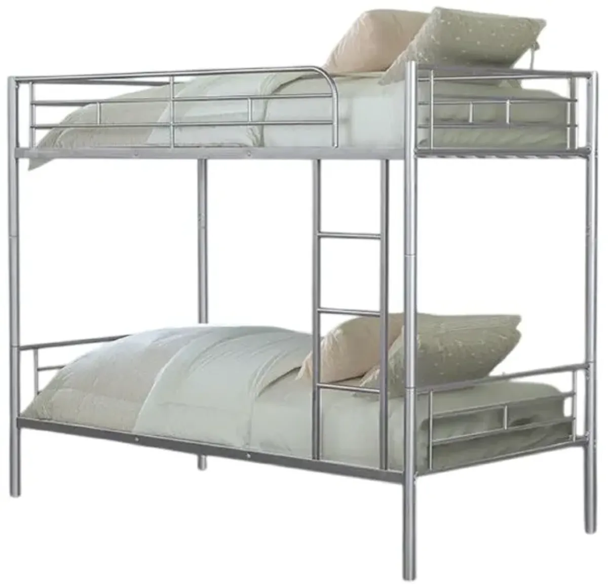 Neo Twin Over Twin Bunk Bed, Silver Metal Frame, Attached Ladder - Benzara