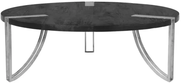 35 Inch Round Coffee Table, Sandblasted Matte Black Mango Wood Top, Curved Aluminum Legs