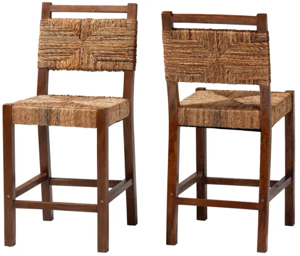 bali & pari Cordoba Bohemian Natural Seagrass and Mahogany Wood 2 Piece Counter Stool Set