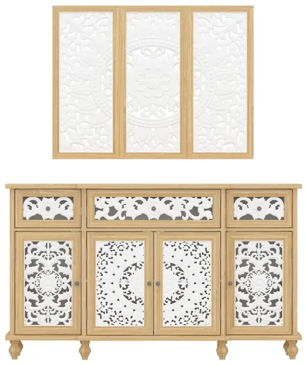 FUFU&GAGA Vintage Lace Carved White & Wood Tone Storage Cabinet, 3-Drawer Top with 4-Door Base and Matching Wall Panel, (59.1 in. W x 15.7 in. D x 35.4 in. H), White/Wood