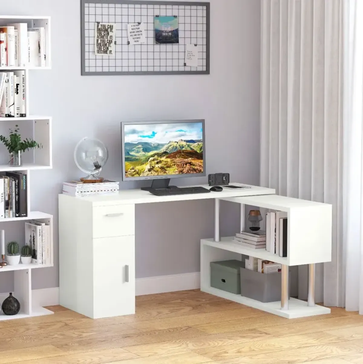 White Corner Workstation: L-Shaped Rotating Desk with Storage