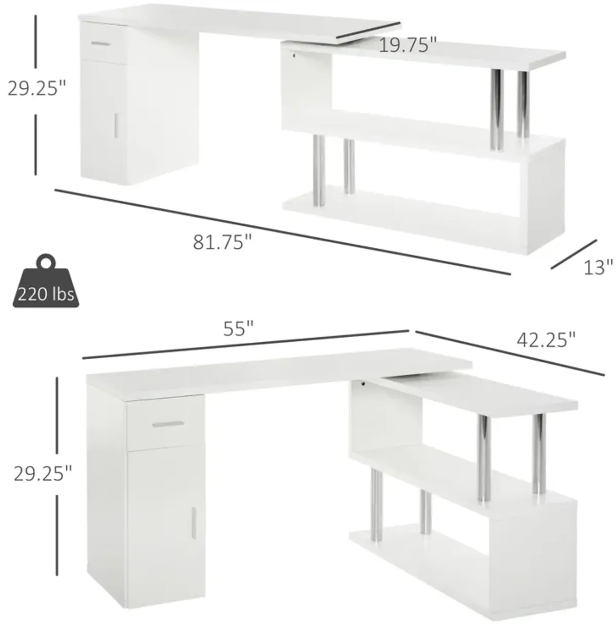 White Corner Workstation: L-Shaped Rotating Desk with Storage