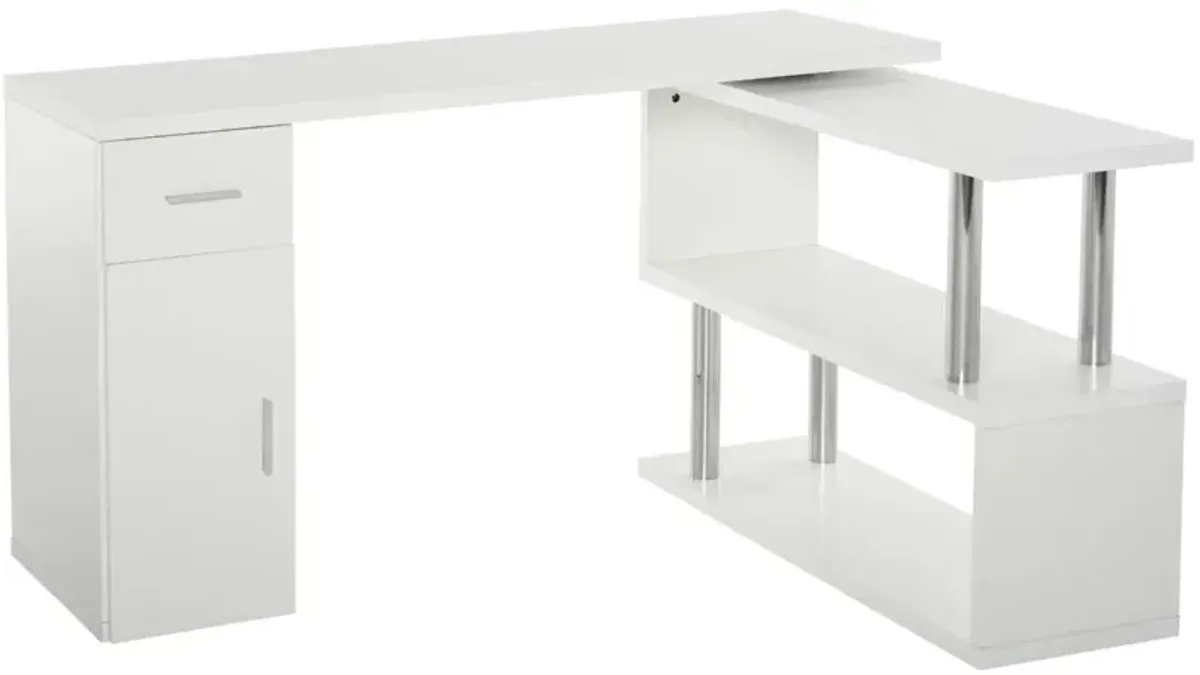 White Corner Workstation: L-Shaped Rotating Desk with Storage