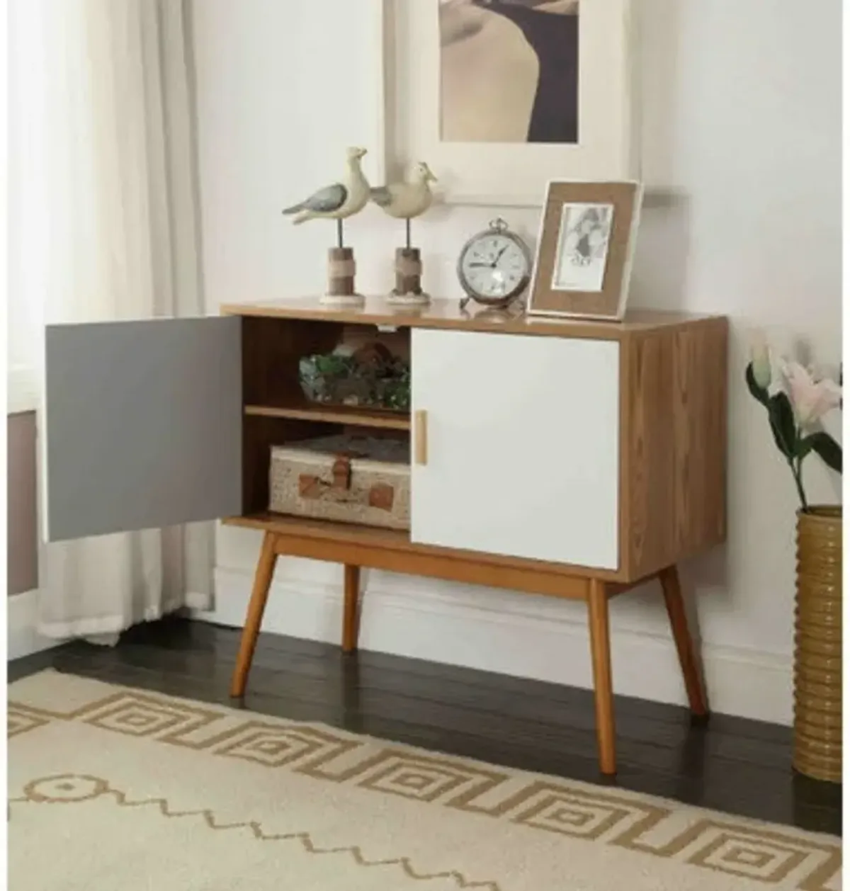 Hivvago Mid-Century Modern Console Table Storage Cabinet with Solid Wood Legs