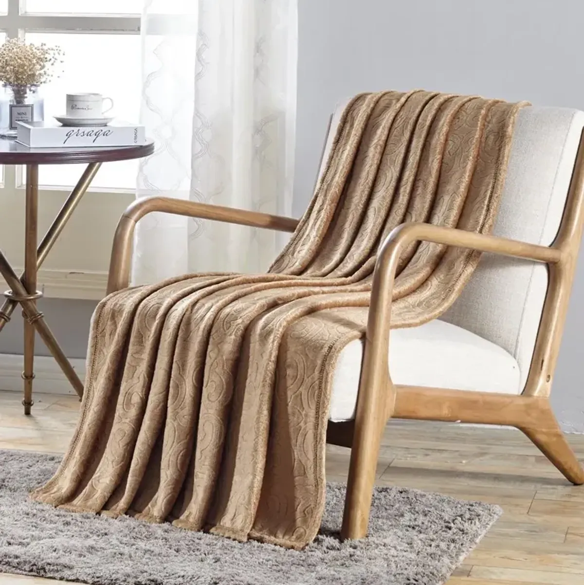 Plazatex Dama Embossed Scroll Pattern Soft & Cozy Throw Blanket - 50x60" Tan