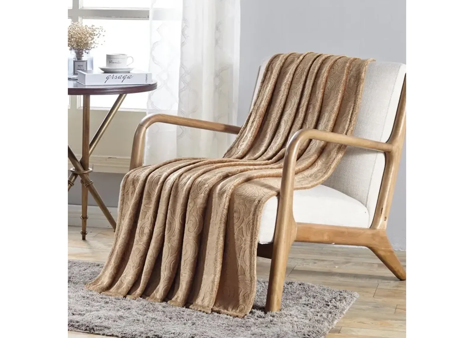 Plazatex Dama Embossed Scroll Pattern Soft & Cozy Throw Blanket - 50x60" Tan