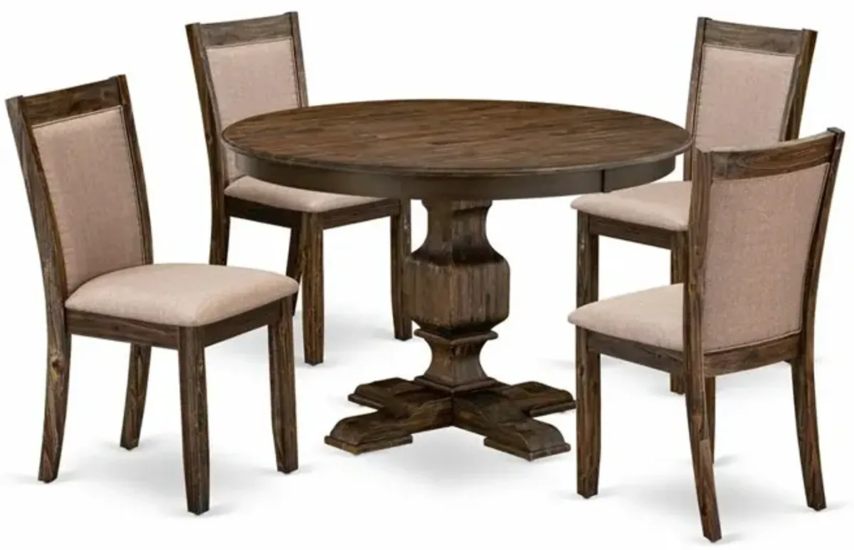 East West Furniture 5 Piece Modern Dining Table Set Consists of a Dining Room Table and 4 Dark Khaki Linen Fabric Upholstered Dining Chairs with High Back - Distressed Jacobean Finish
