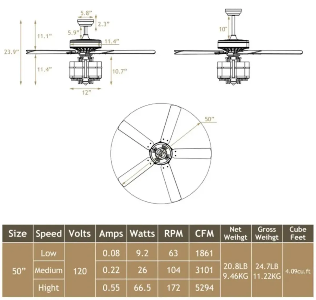 Hivvago 50 Inch Noiseless Ceiling Fan Light with Explosion-proof Glass Lampshades-Black