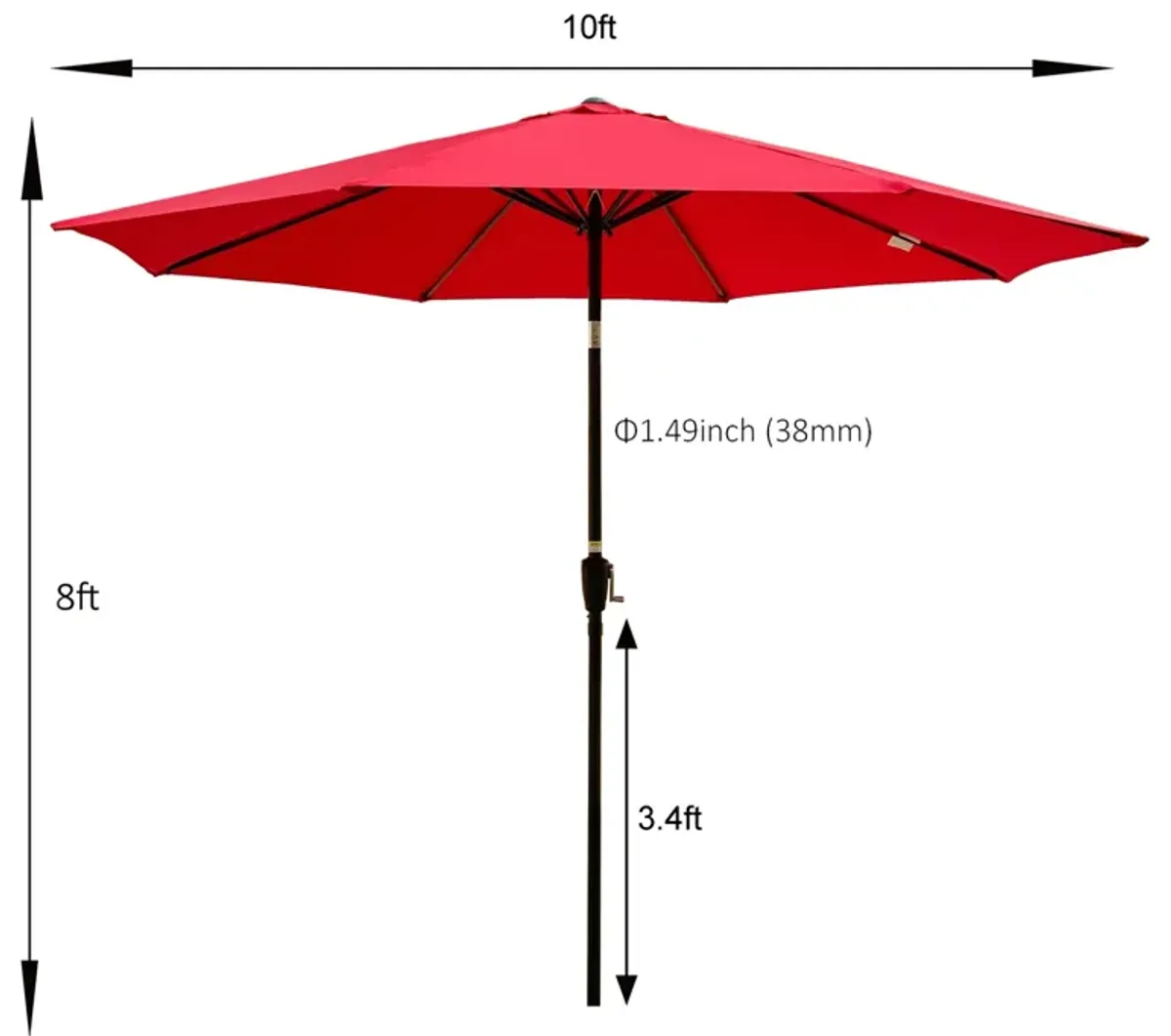 10FT Outdoor Patio Umbrella, Red, Tilt, Crank