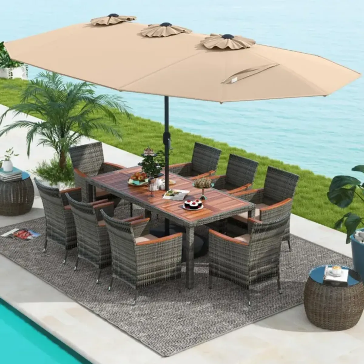 Hivvago 10 Pieces Patio Wicker Dining Set with 15 Feet Double-Sided Patio Umbrella