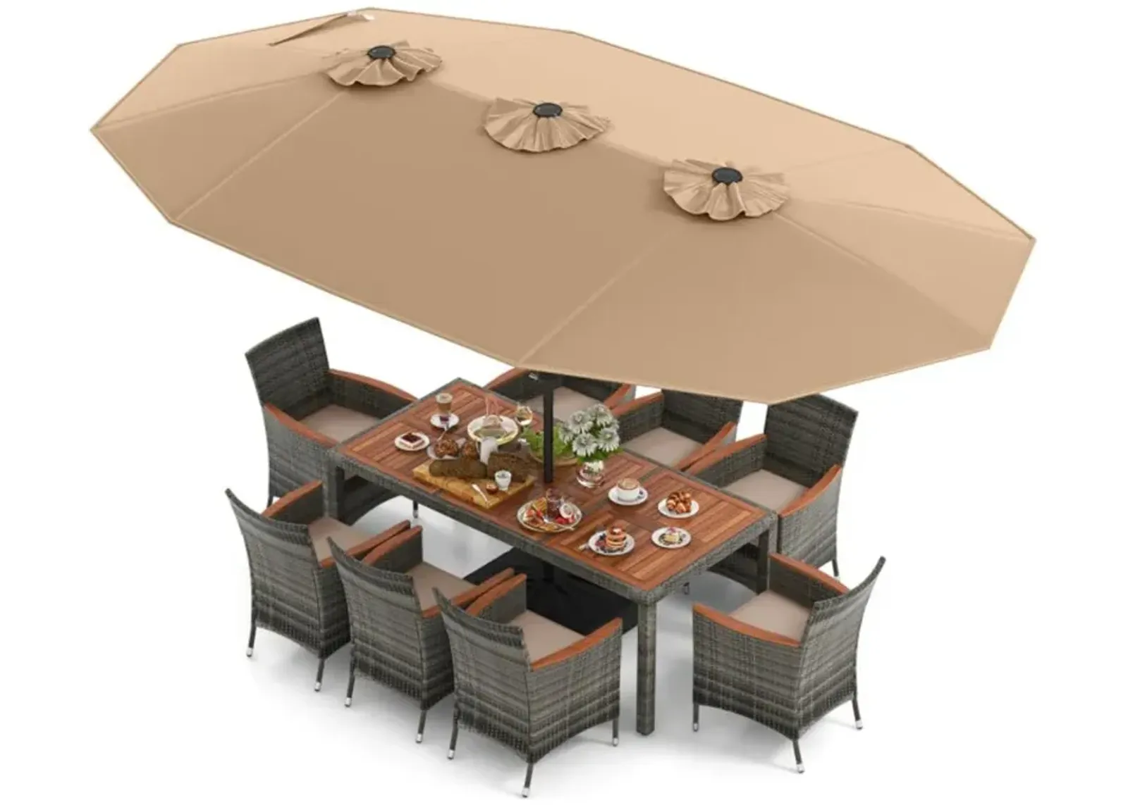 Hivvago 10 Pieces Patio Wicker Dining Set with 15 Feet Double-Sided Patio Umbrella