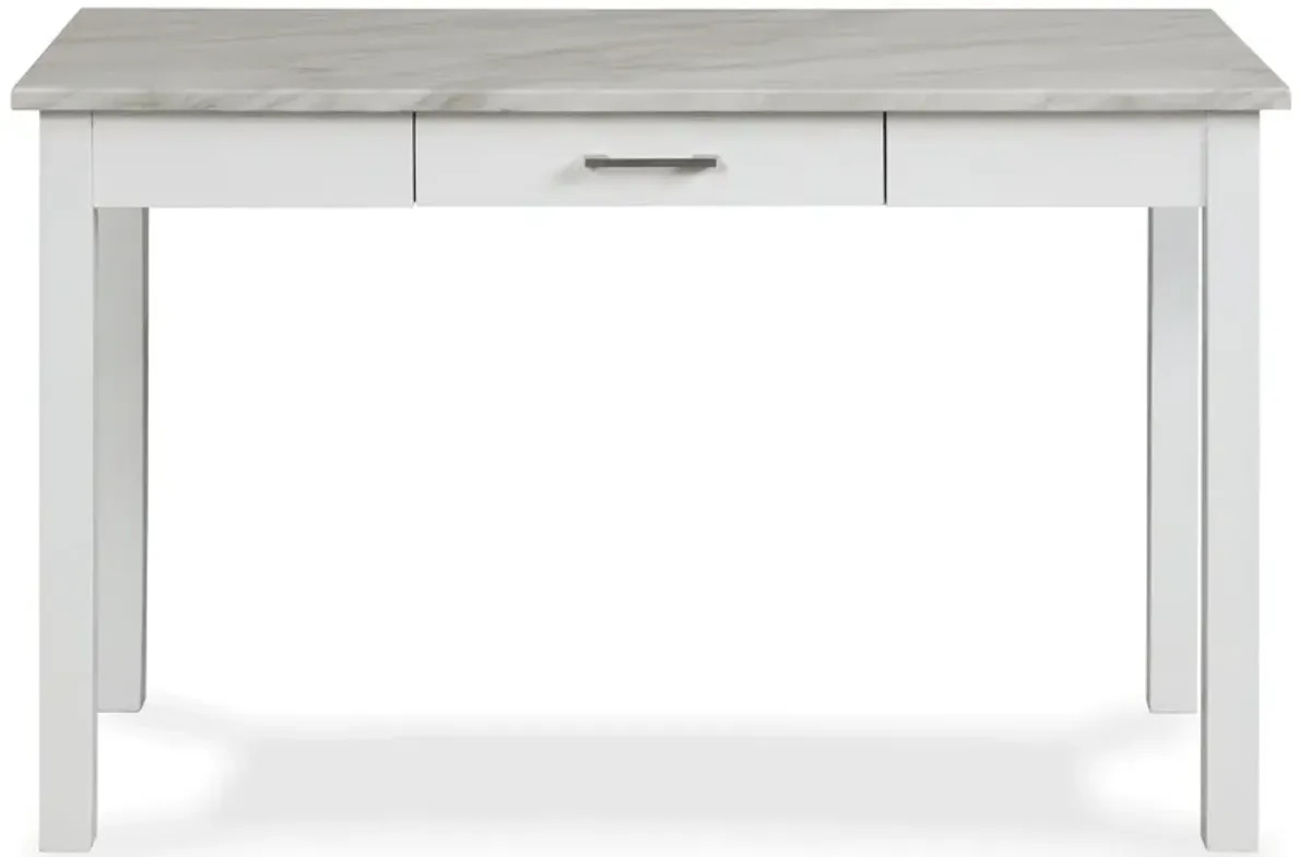 Jay 48 Inch Desk With Drawer and Faux Marble Top, White-Benzara