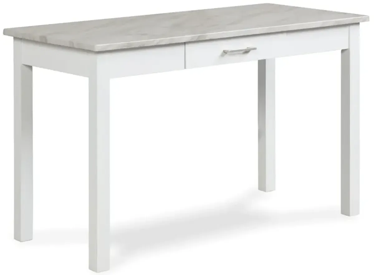 Jay 48 Inch Desk With Drawer and Faux Marble Top, White-Benzara