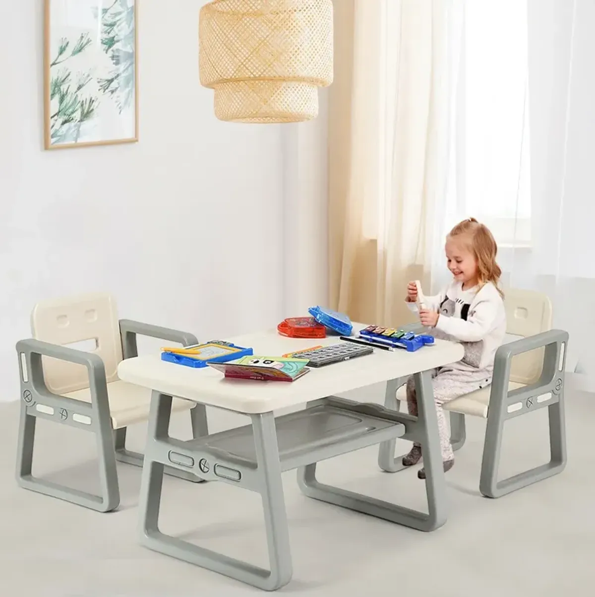 Kids Table and 2 Chairs Set with Storage Shelf