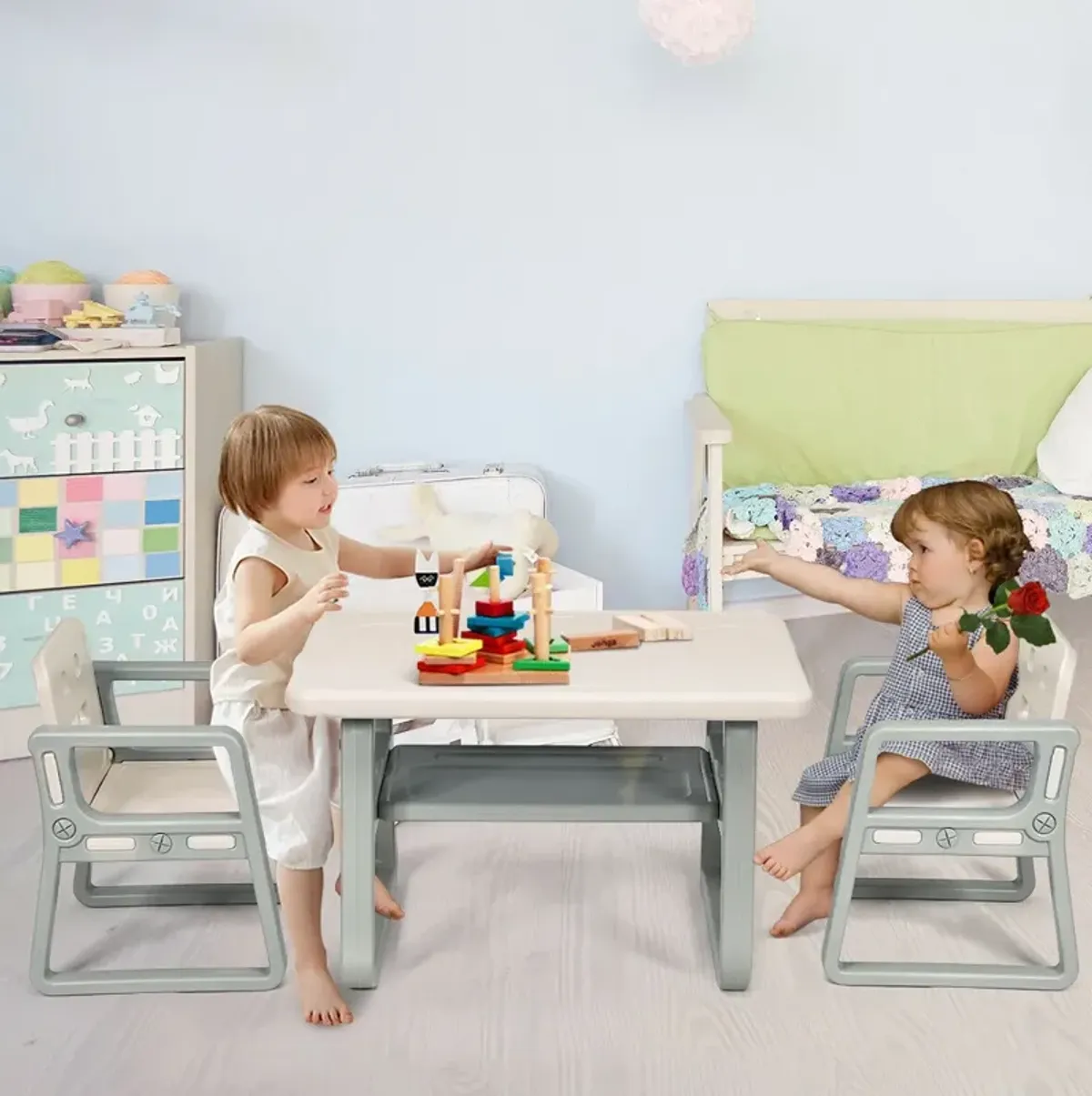 Kids Table and 2 Chairs Set with Storage Shelf