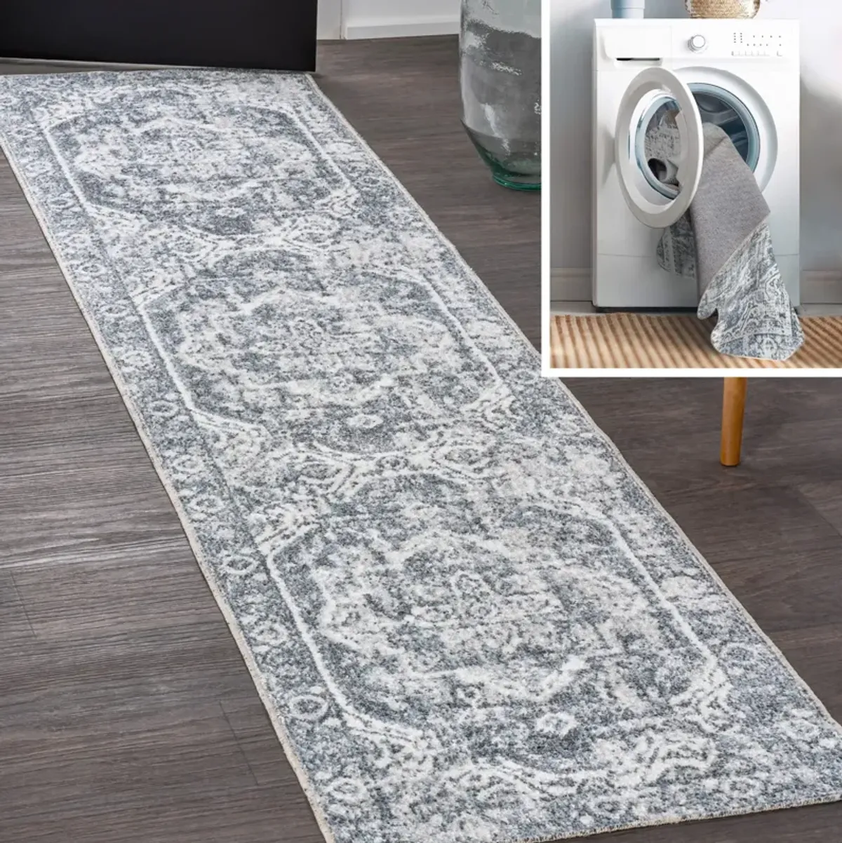 Keesha Bold Distressed Medallion Low-Pile Machine-Washable Blue/Cream. Area Rug