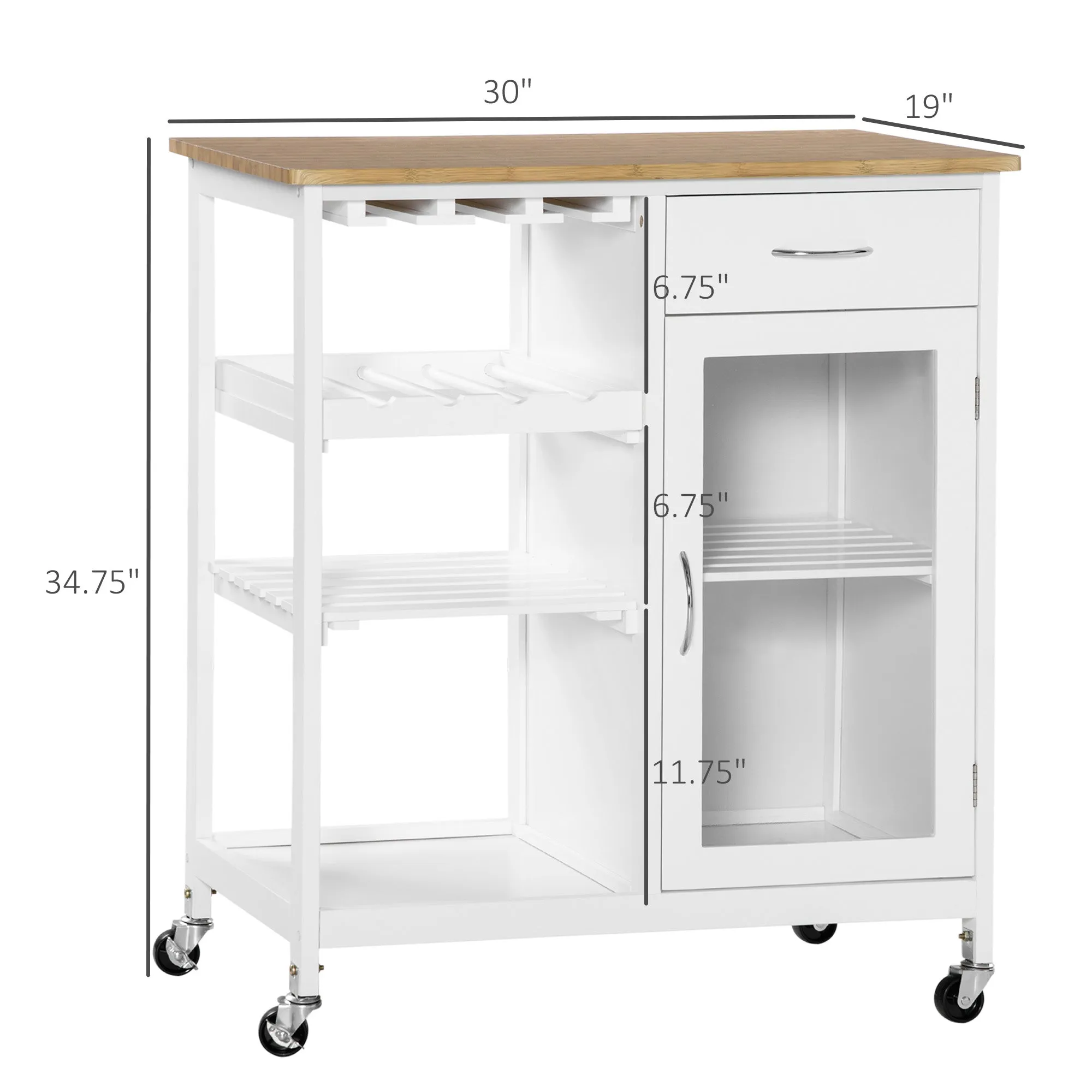 White Kitchen Trolley: Portable Cart with Bamboo-Effect Top