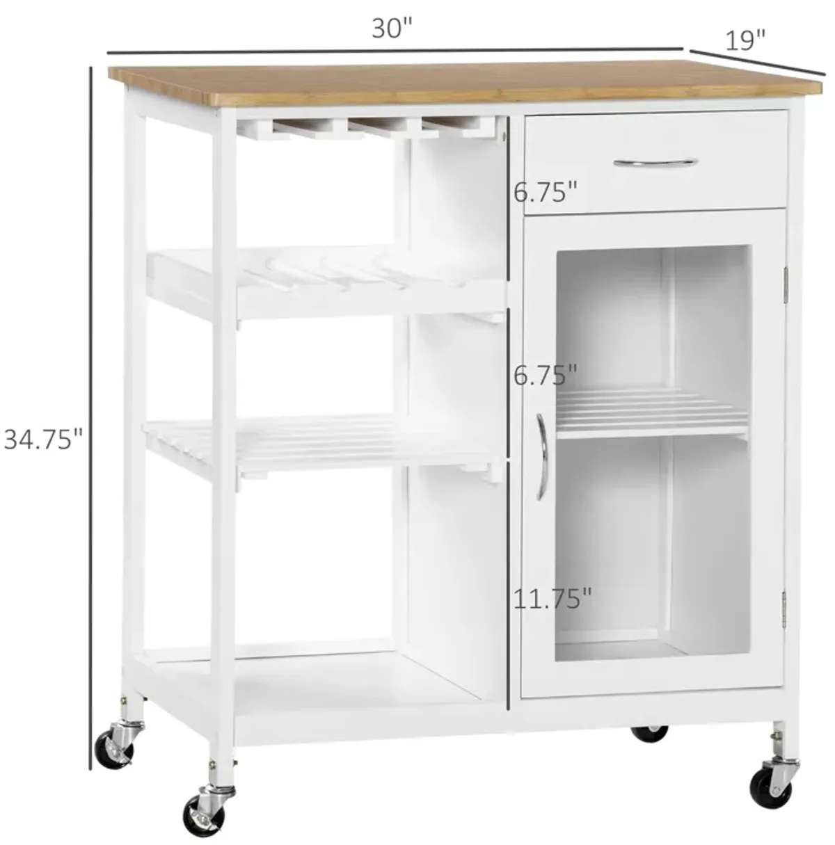 White Kitchen Trolley: Portable Cart with Bamboo-Effect Top