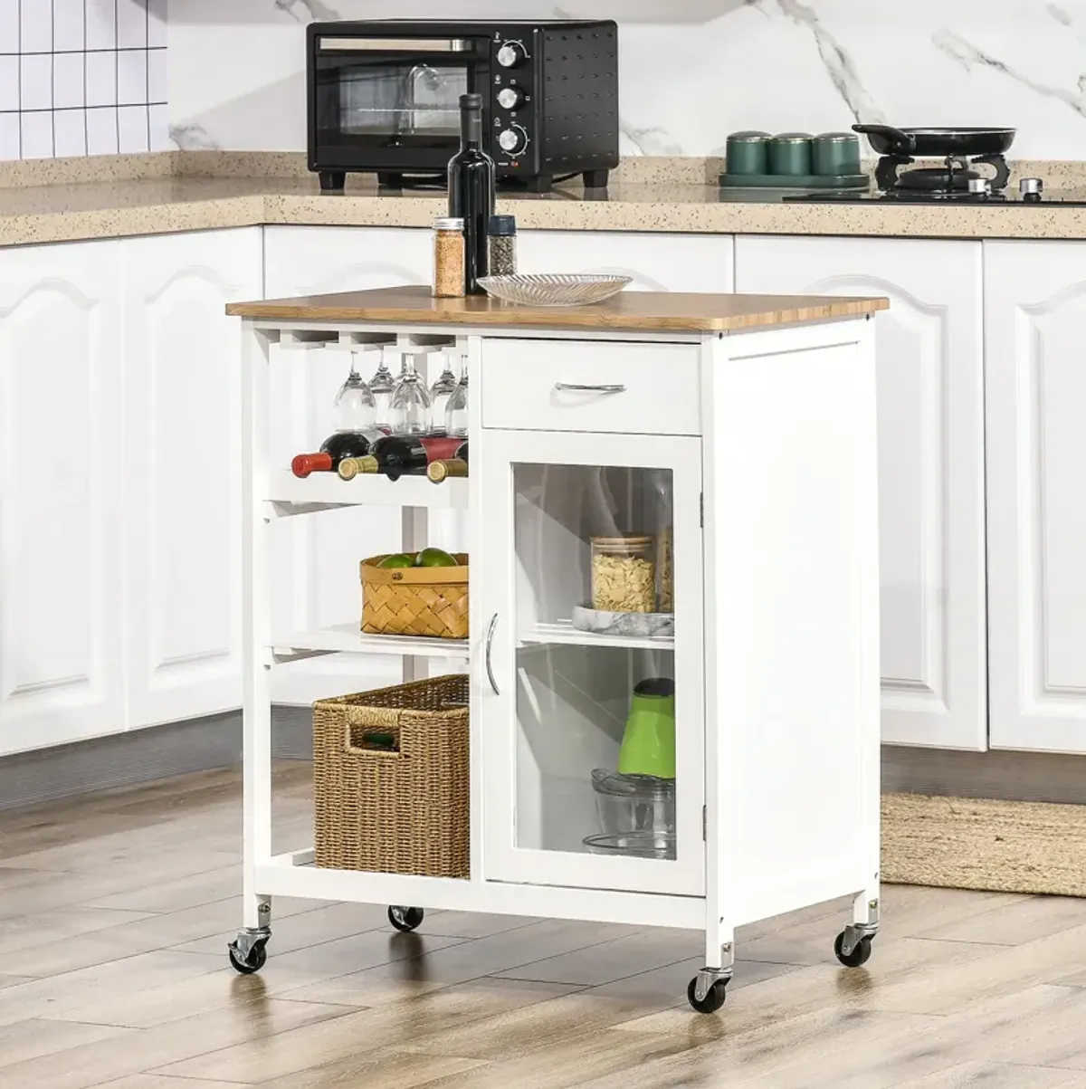 White Kitchen Trolley: Portable Cart with Bamboo-Effect Top