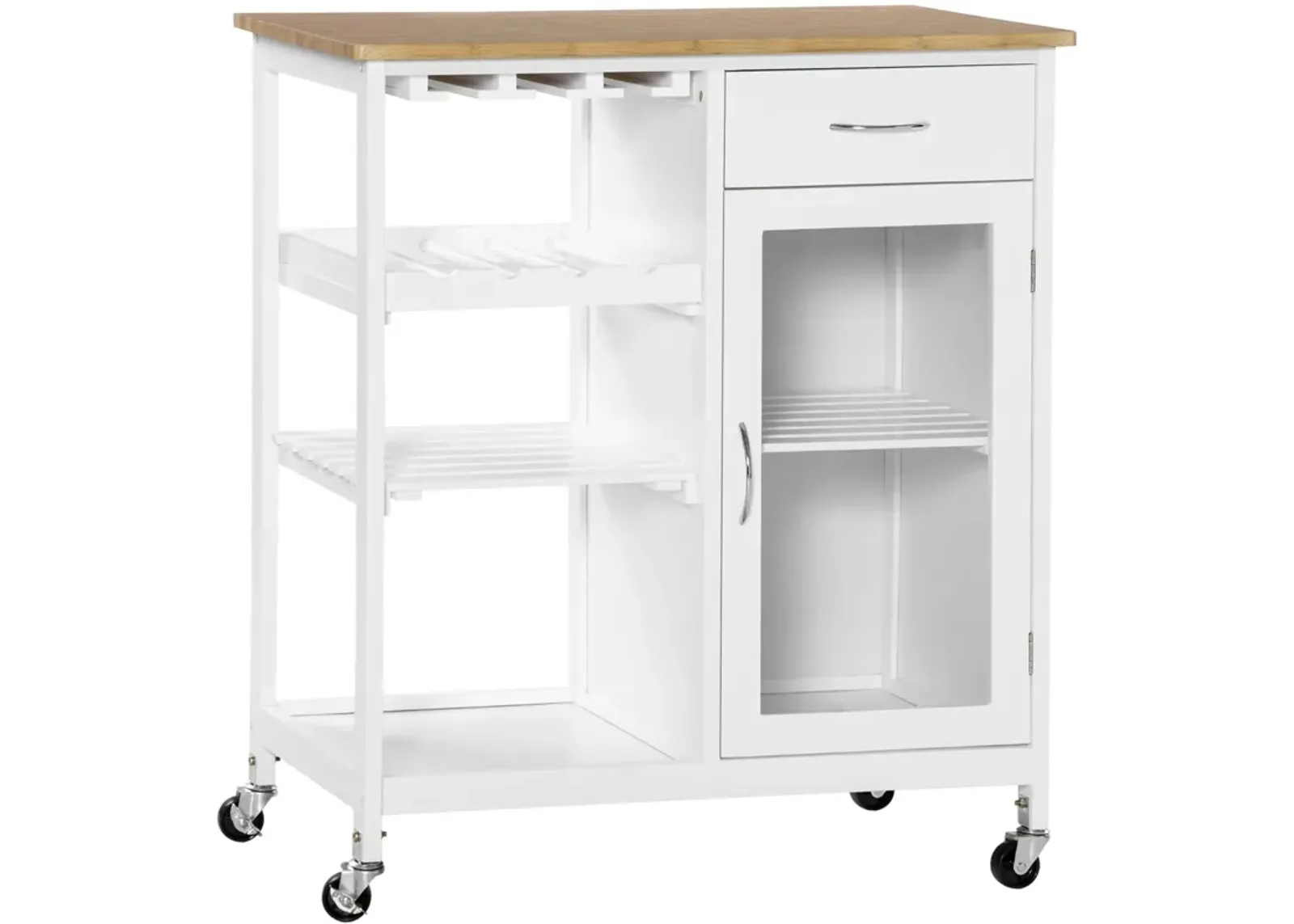 White Kitchen Trolley: Portable Cart with Bamboo-Effect Top