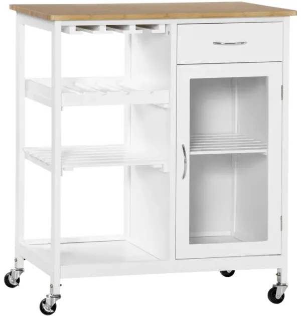 White Kitchen Trolley: Portable Cart with Bamboo-Effect Top