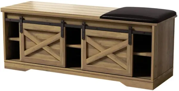 47 Inch Modern Farmhouse Sliding X Barn Door Litterbox Bench With Entry Cutout, Shoe Bench