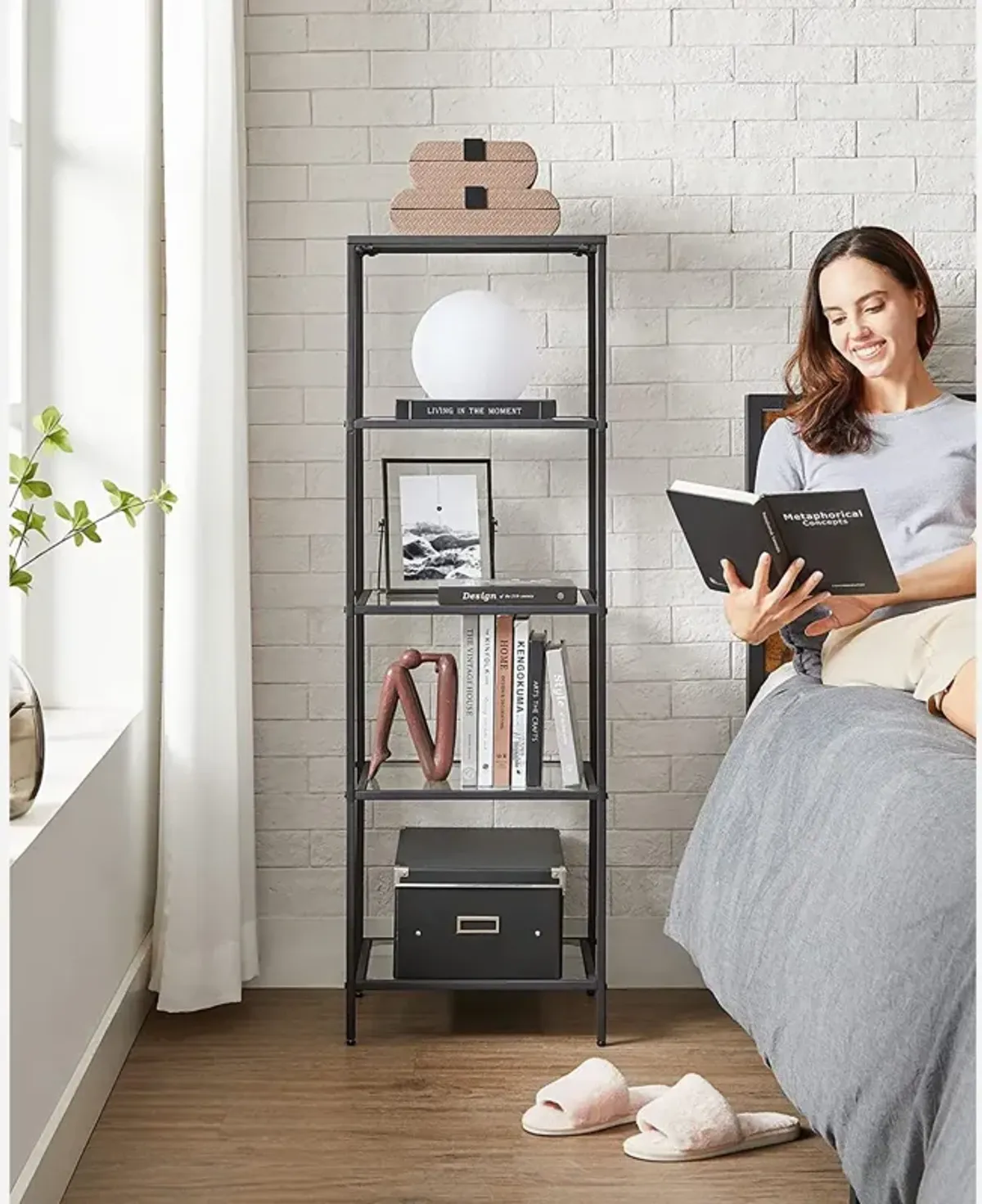 Space-Saving 5-Tier Bookshelf for Bedroom Organization