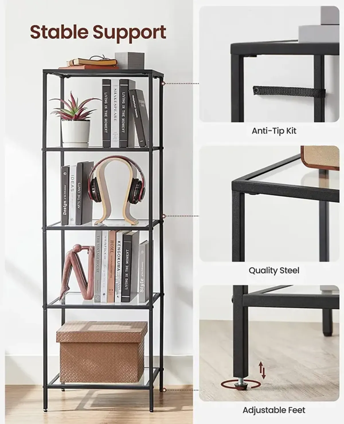 Space-Saving 5-Tier Bookshelf for Bedroom Organization