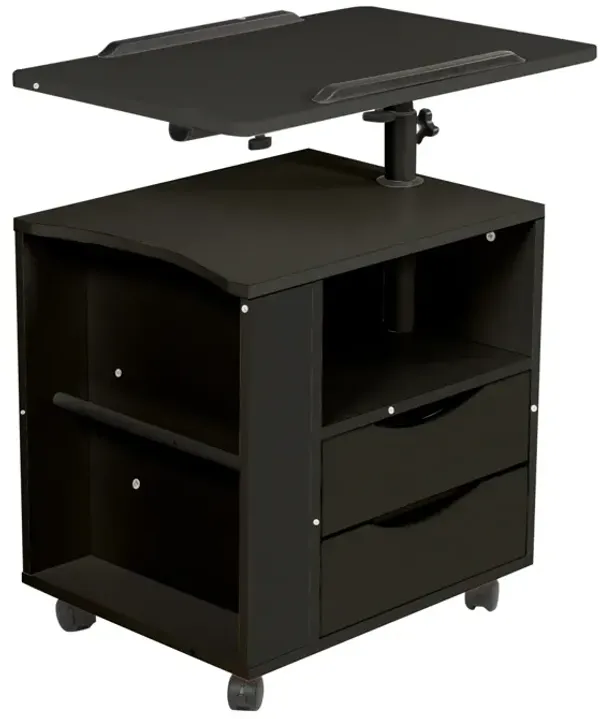 Height Adjustable Overbed End Table Wooden Nightstand With Swivel Top, Drawers, Wheels
