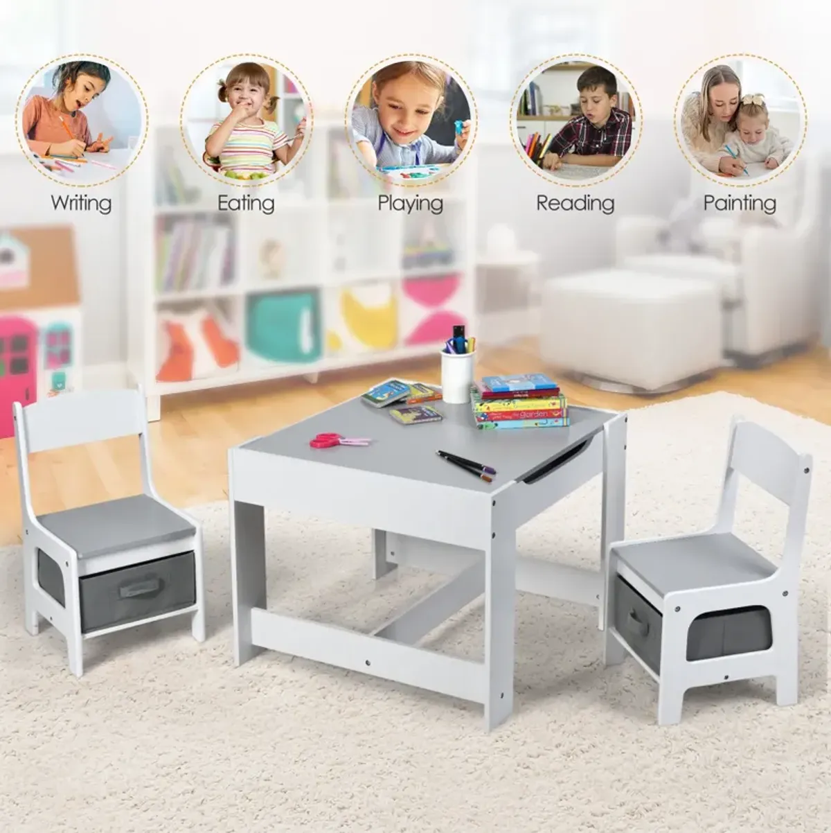 Kids Table Chairs Set With Storage Boxes Blackboard Whiteboard Drawing