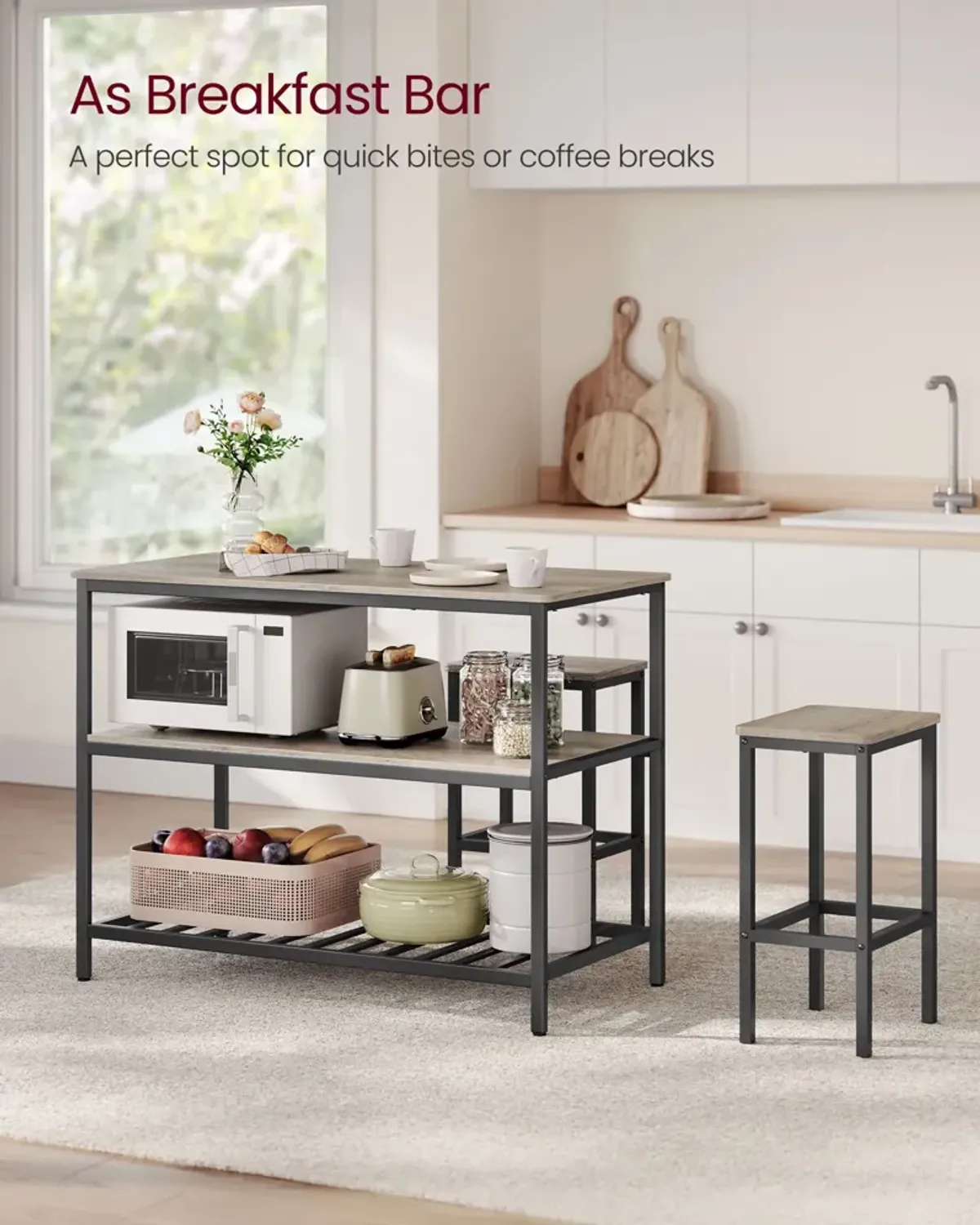 Kitchen Island with 3 Shelves and Large Worktop