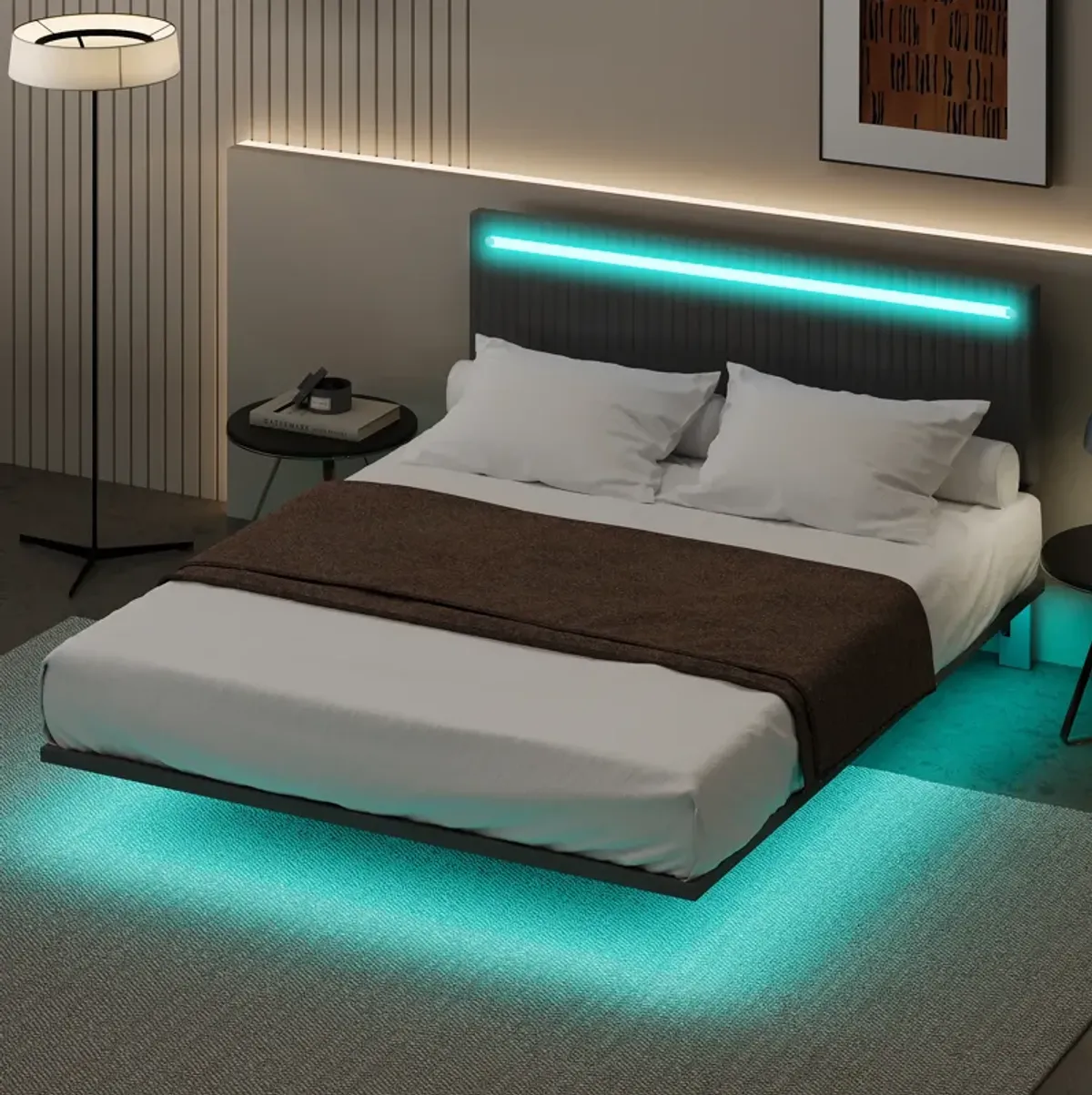 Merax Modern Upholstered Floating Bed Frame with LED Lights