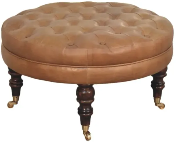 Artisan Furniture Solid Wood Brown Buffalo Leather Round Ottoman with Castor Legs