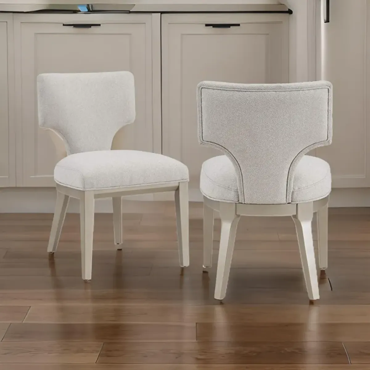 Kyna 21 Inch Side Dining Chair Set of 2, Curved Backrest, Champagne Linen - Benzara