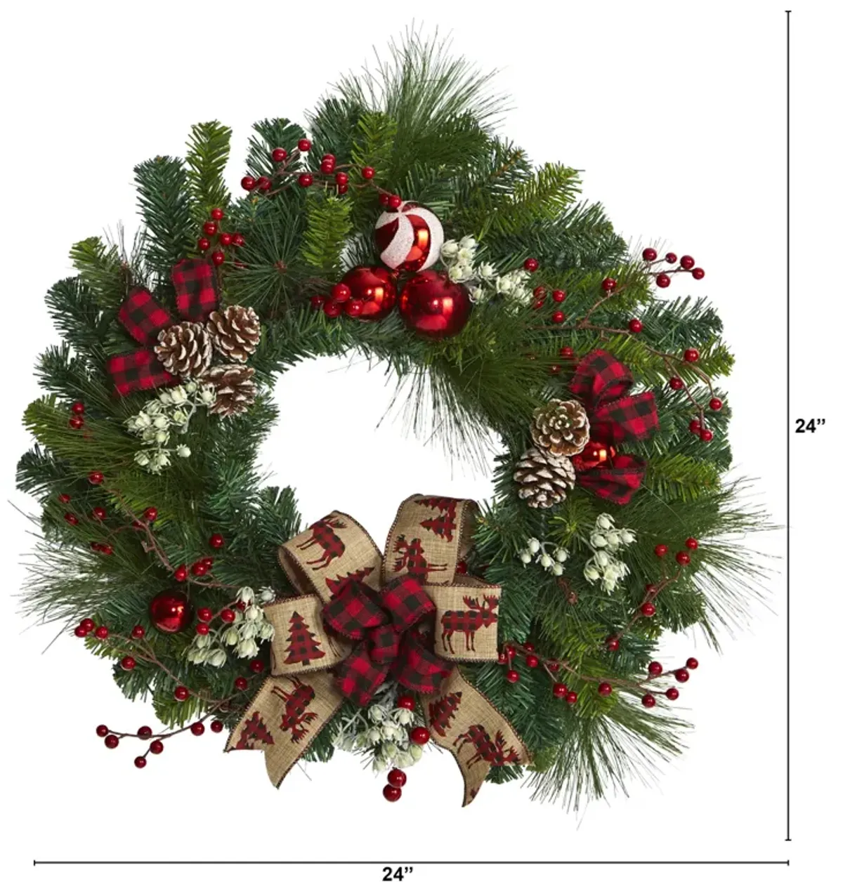 HomPlanti 24" Christmas Pine Artificial Wreath with Pine Cones and Ornaments