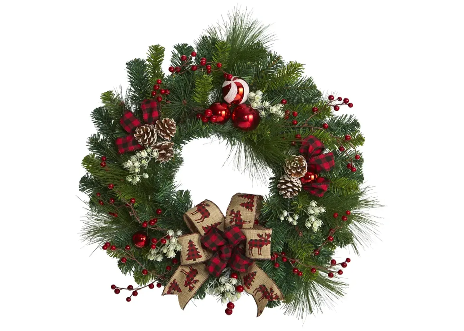 HomPlanti 24" Christmas Pine Artificial Wreath with Pine Cones and Ornaments