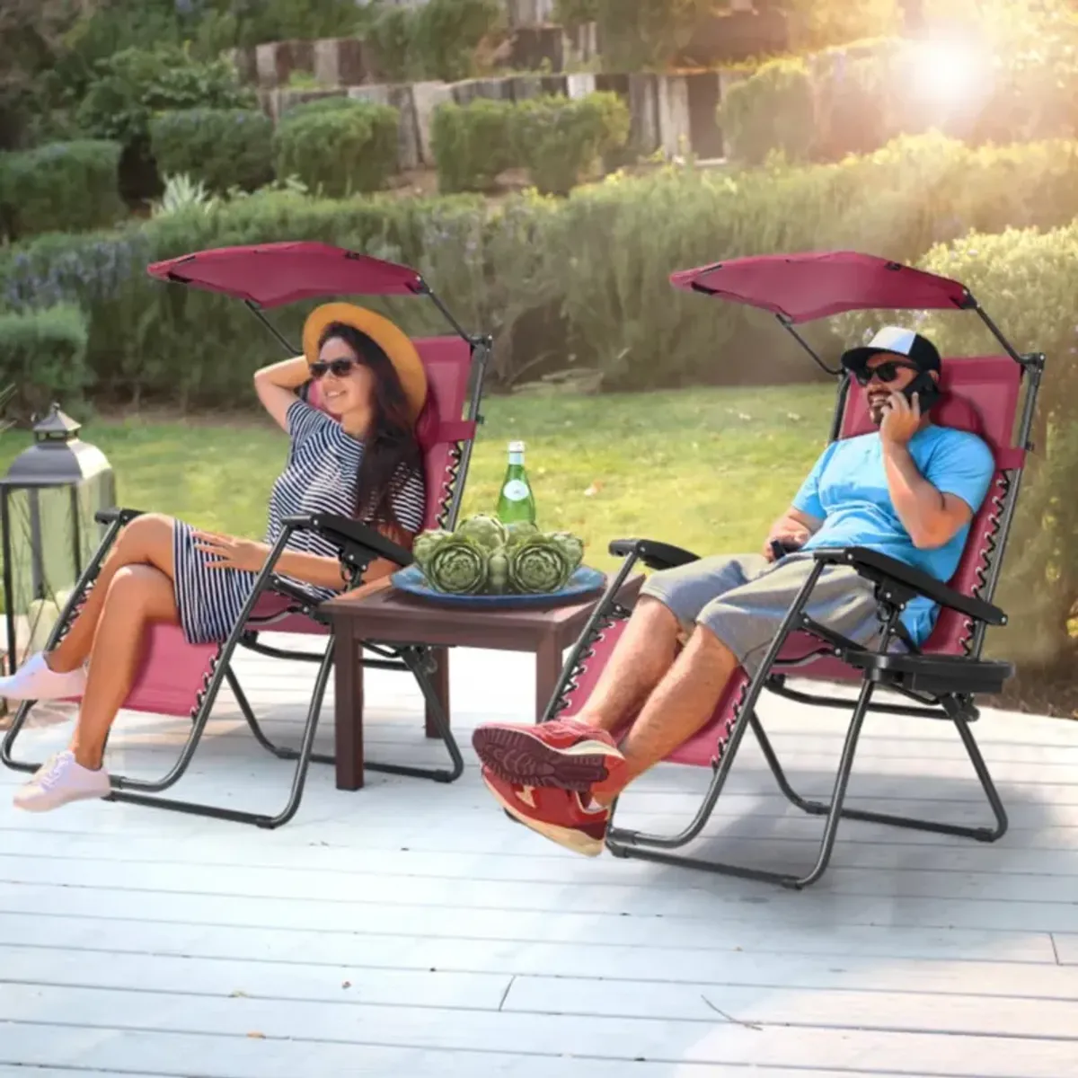 Hivvago Folding Recliner Lounge Chair with Shade Canopy Cup Holder